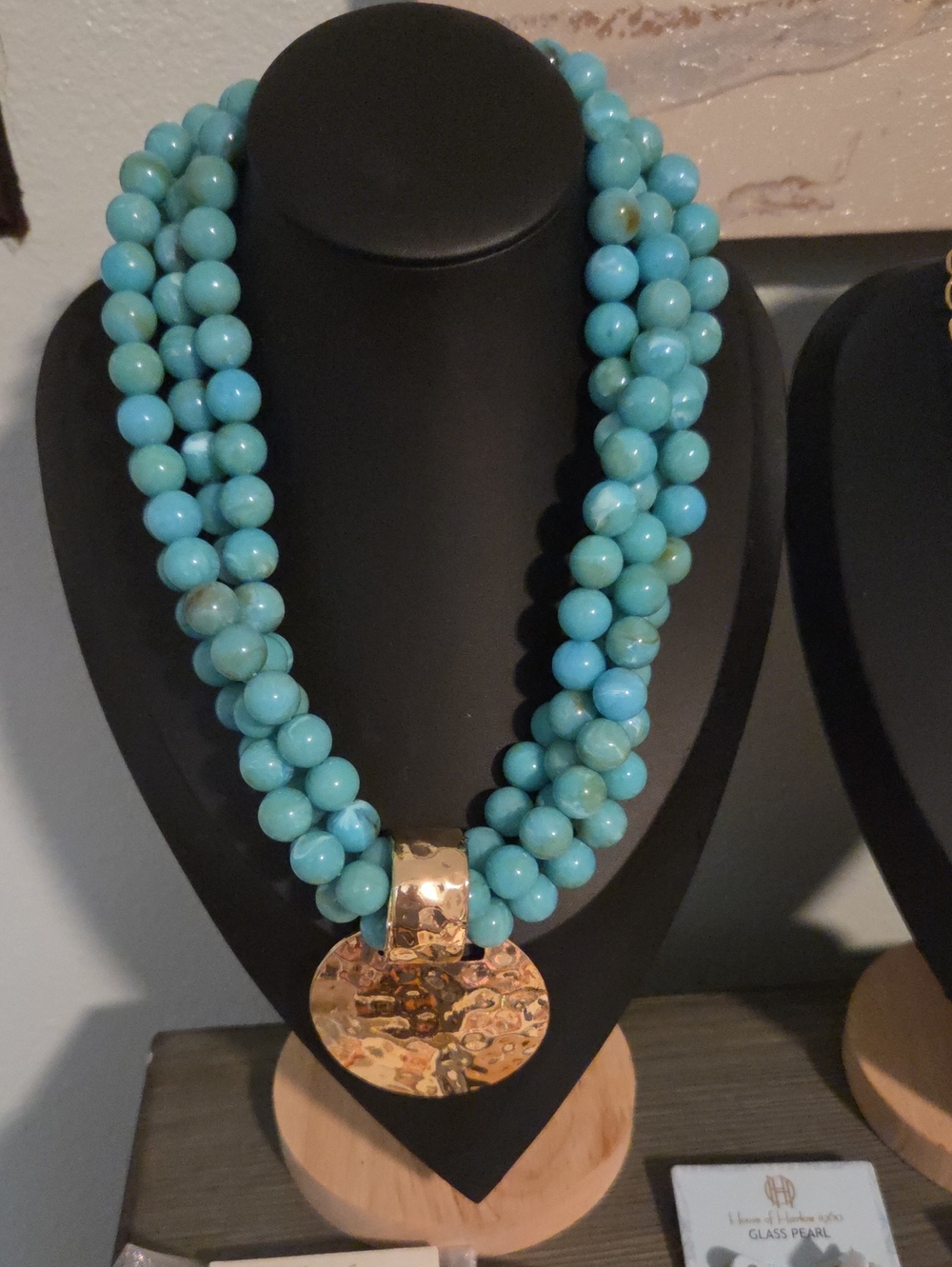 Turquoise Beaded Triple-Strand Necklace with Gold Hammered Pendant